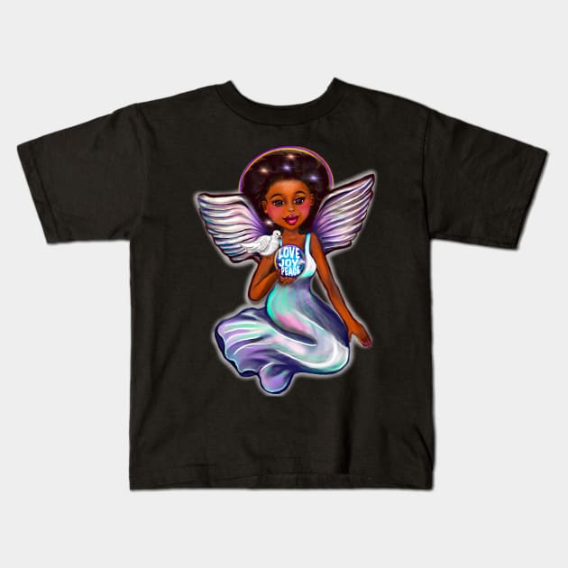 Angel with dove love joy and peace iii - Black angel of peace ! With glow, Afro hair, green eyes, Cherry pink lips and dark brown skin. Hair love ! Kids T-Shirt by Artonmytee